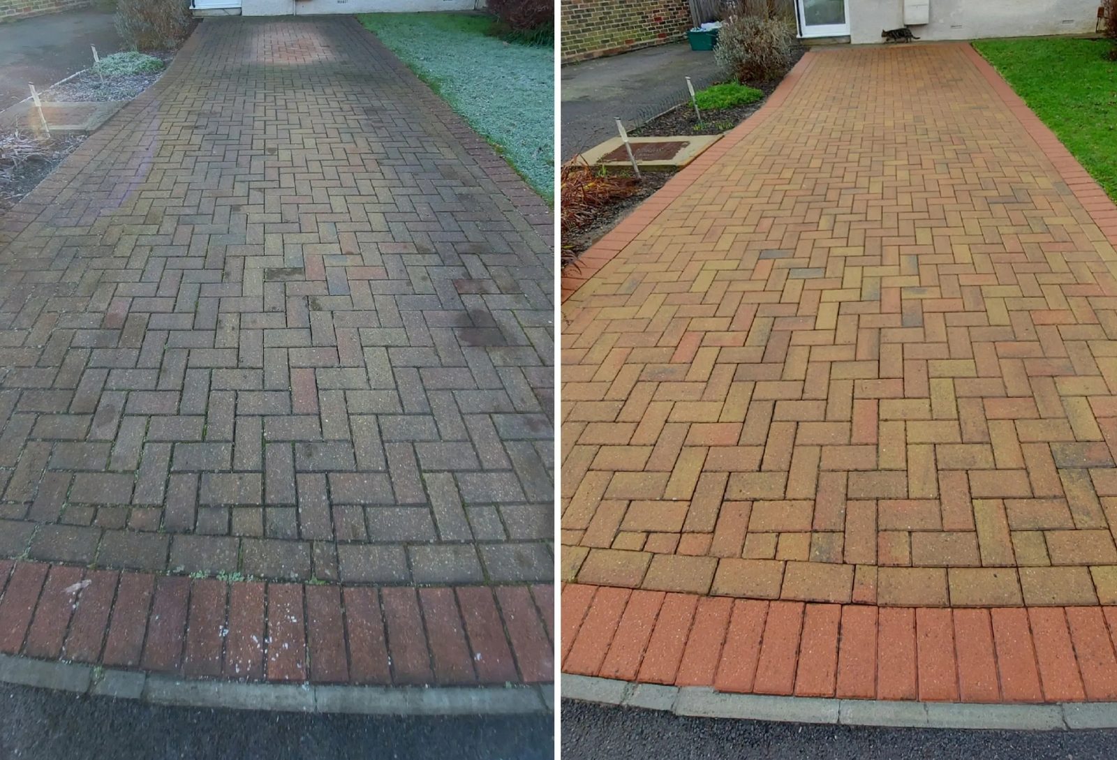 Before and after pressure washing: Paver driveway