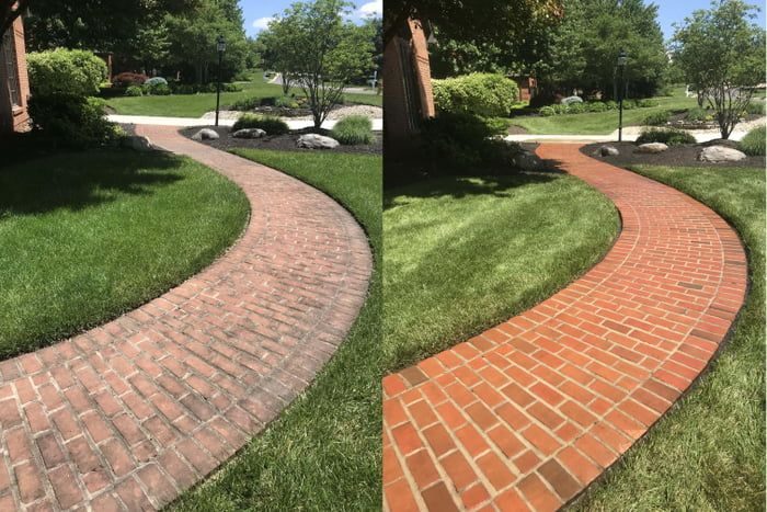 Before and after pressure washing: Brick garden path