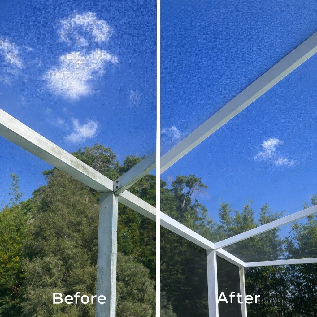 Before and after pressure washing: Pool cage