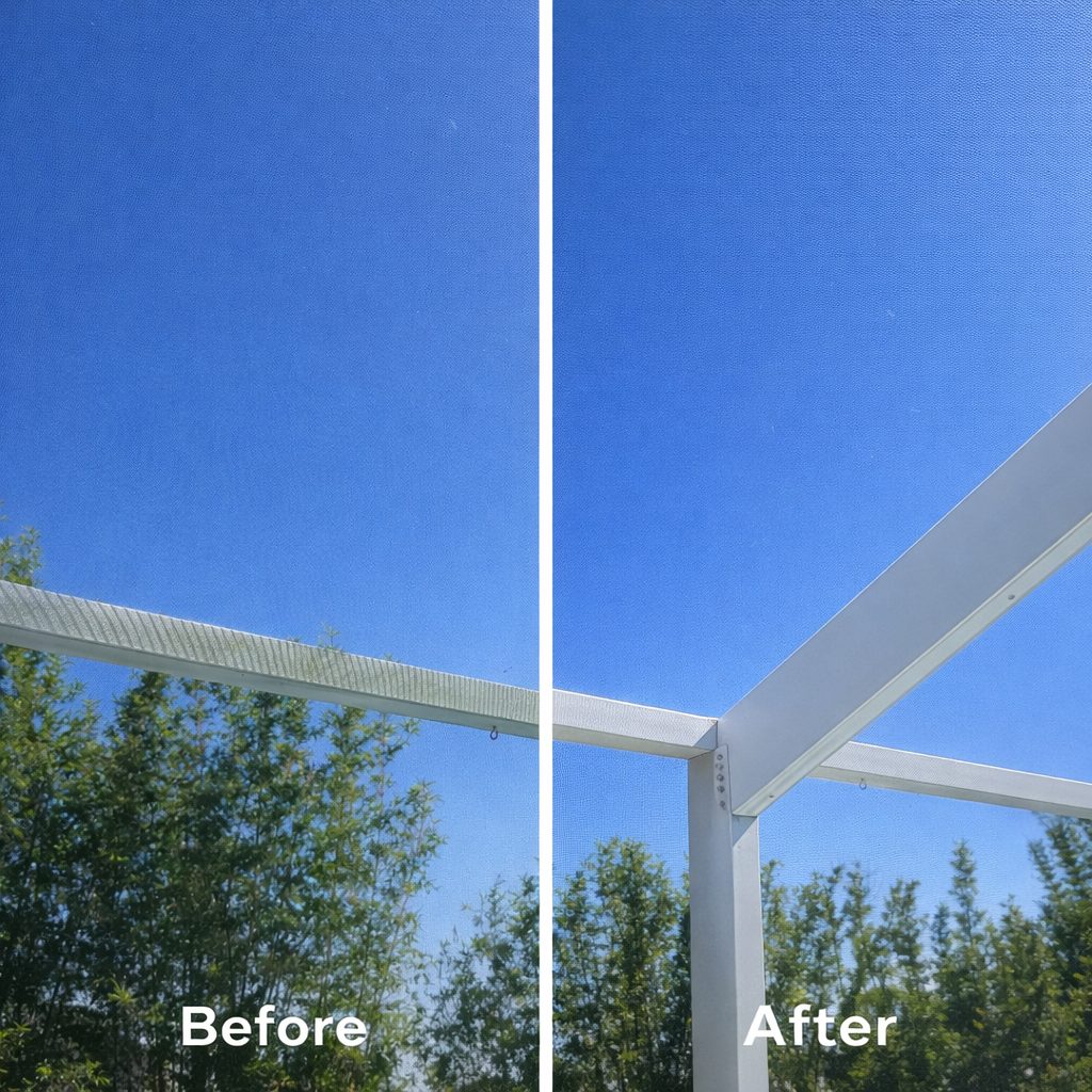 Before and after pressure washing: Pool cage framing